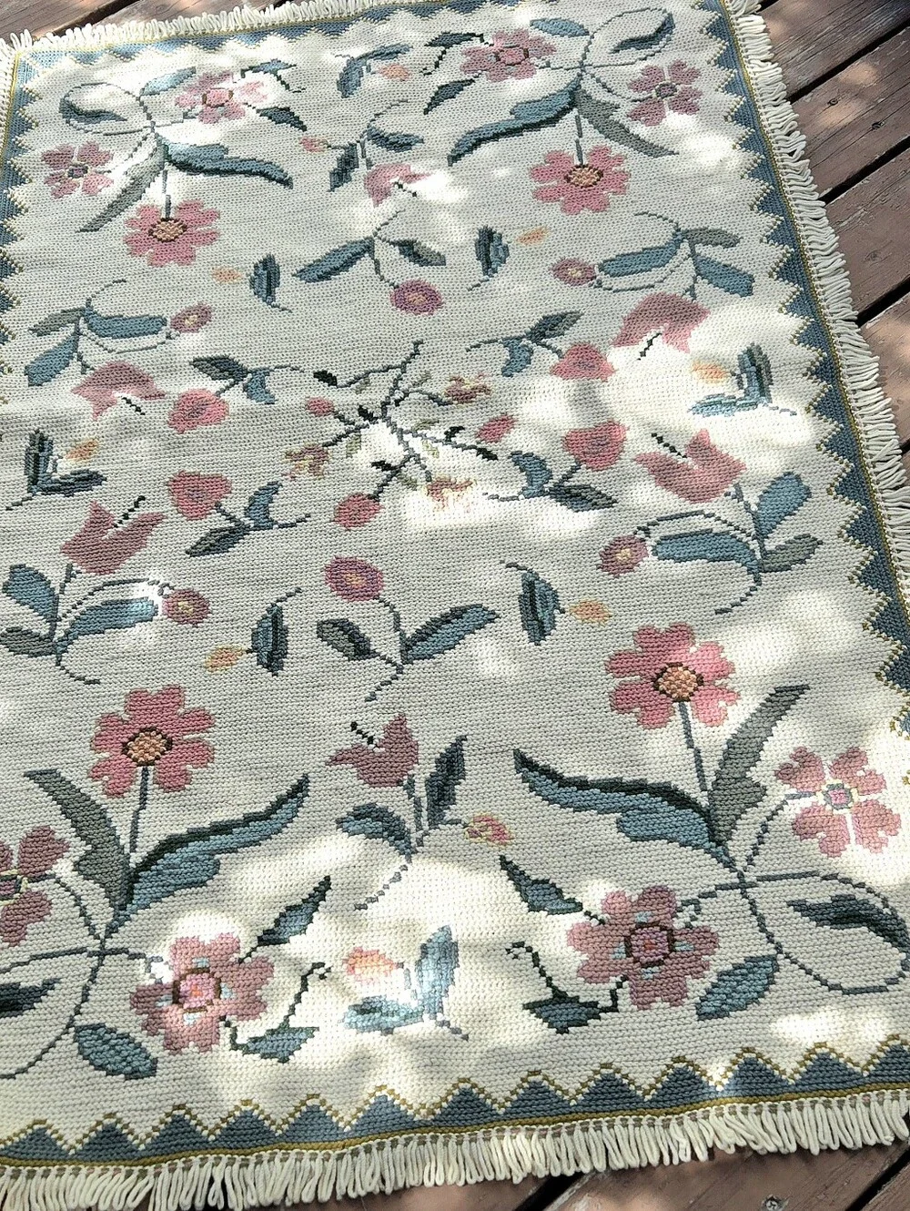 Handknitted Floral Tapestry Pink & Green Fringed Shabby Cottagecore Coquette